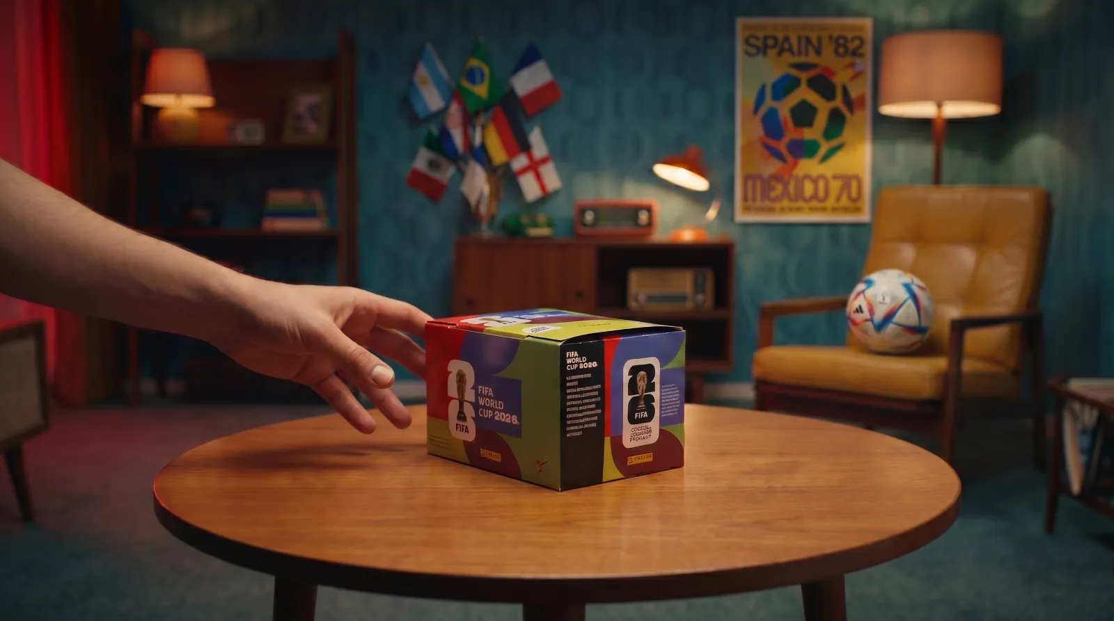 Escena del cubo de postales Panini generada con IA