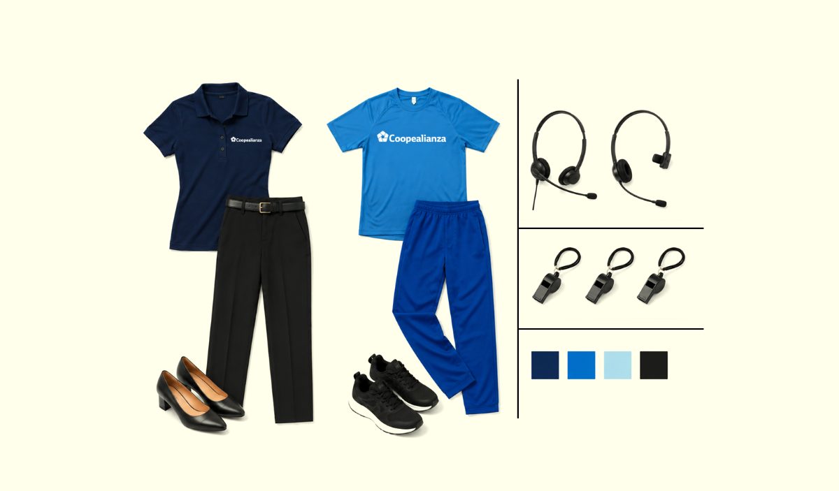Uniformes de Coopealianza, auriculares, silbatos y paleta de color