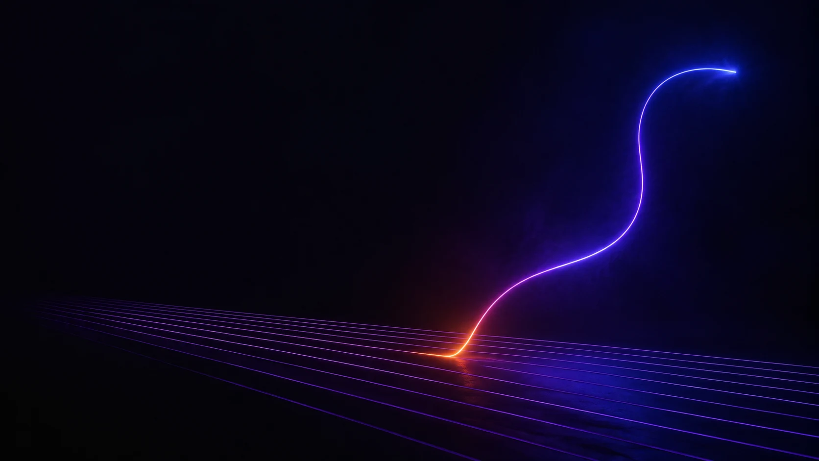 Una línea de luz se curva hacia arriba sobre una retícula que se pierde en la oscuridad