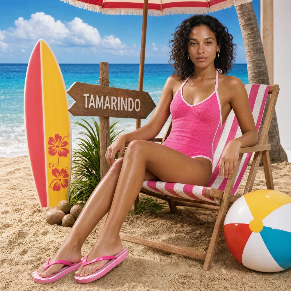 Modelo sintética en silla de playa junto al rótulo Tamarindo, set Playa Pop