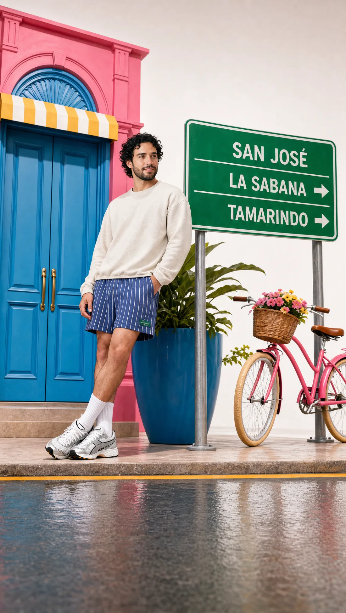 Modelo sintético frente al rótulo San José – La Sabana – Tamarindo, set Ciudad Pop