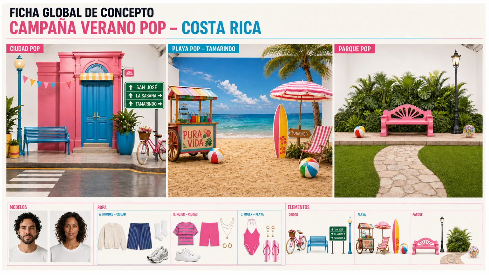 Ficha global de concepto — Campaña Verano Pop Costa Rica: sets Ciudad, Playa Tamarindo y Parque; modelos, ropa y elementos