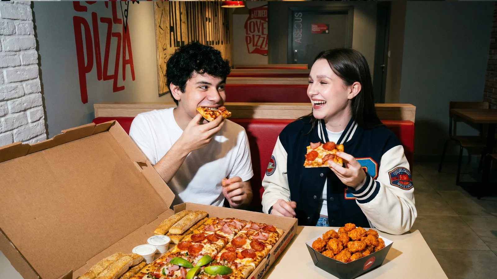 Pieza generada: pareja compartiendo pizza